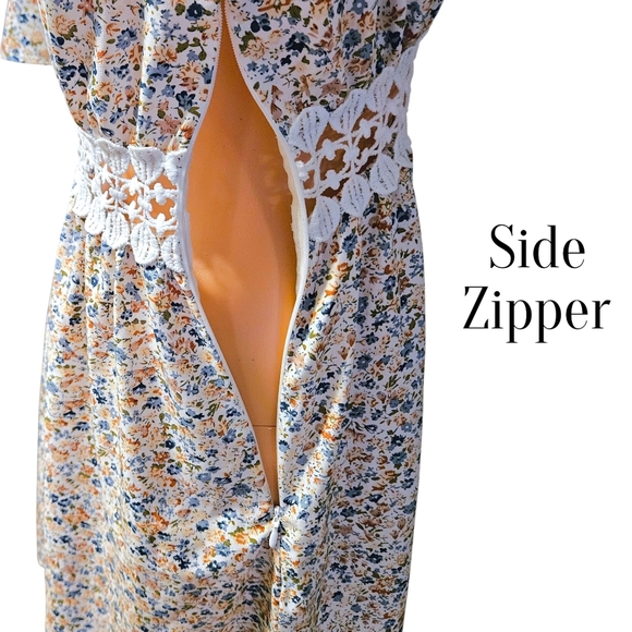 Wmns Ditsy Floral Kimono Mini Dress Boho Cottagecore Lace Waist Cutout XS/S - Picture 5 of 8